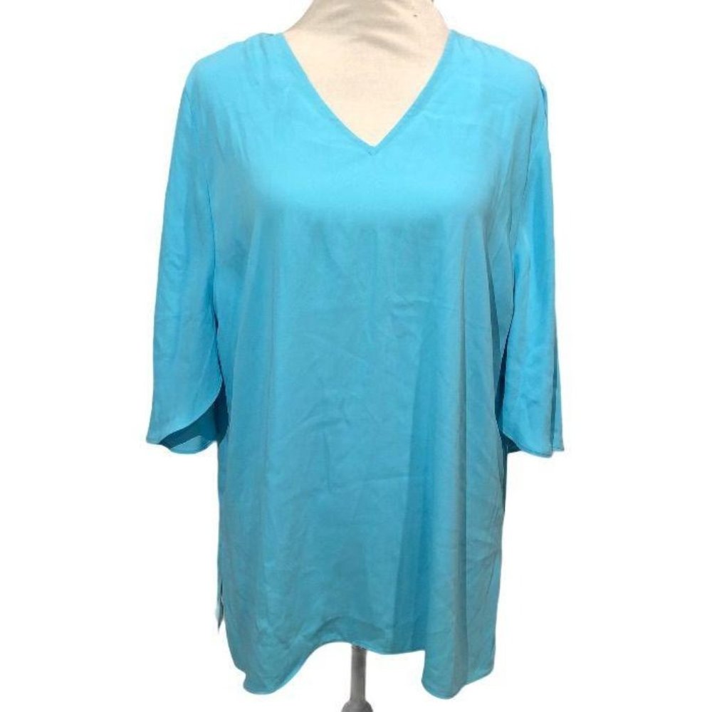 Chico's V Neck Short Sleeve Top Blue Size 2 Large Women Cut Out Back
